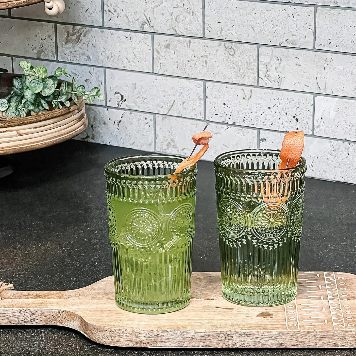 Glassware Set *6Pcs - 13 Ozs - Vintage Sage Green Ribbed Design - Kitchen Collection