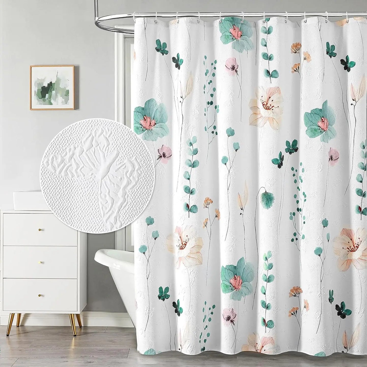 Watercolor Floral Shower Curtain, 3D Embossed Butterflies Blue Yellow Flower Bathroom Curtain