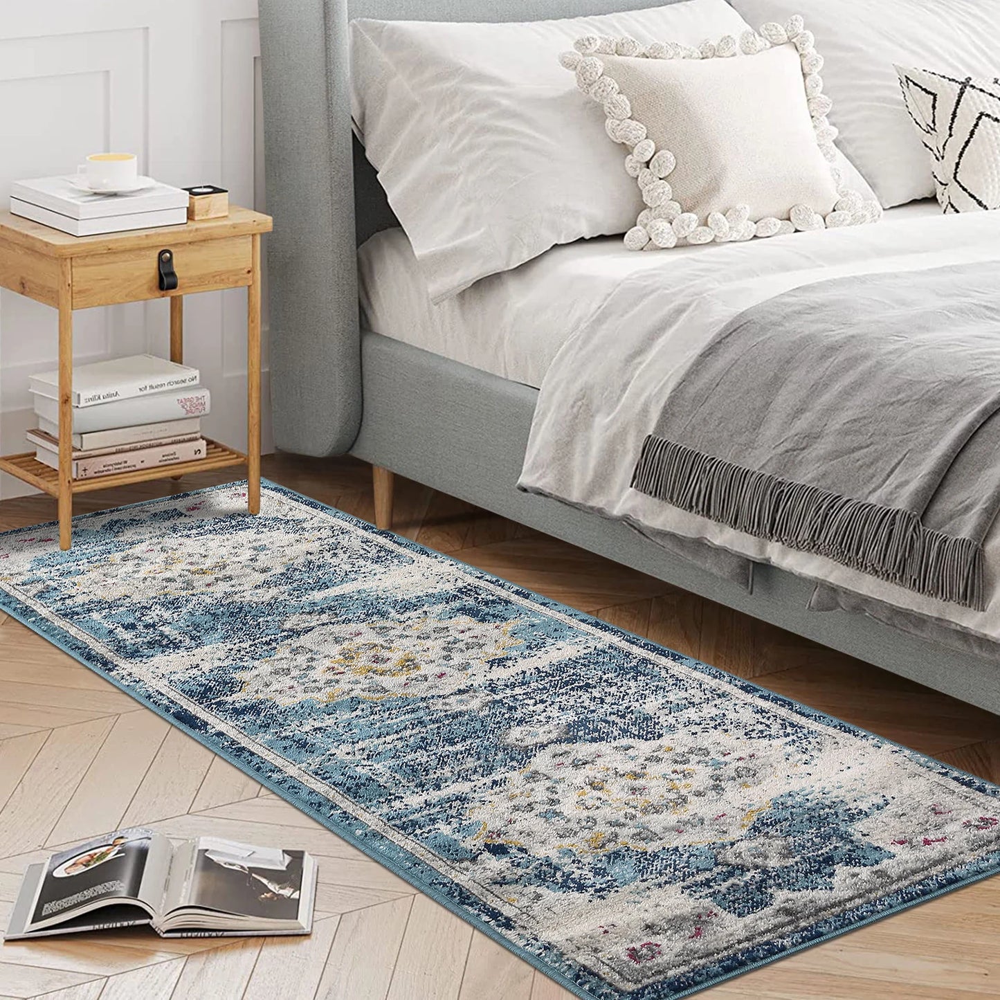 Rug Runner 2'x7' - Non-slip - Retro Blue Distressed - Kitchen Collection