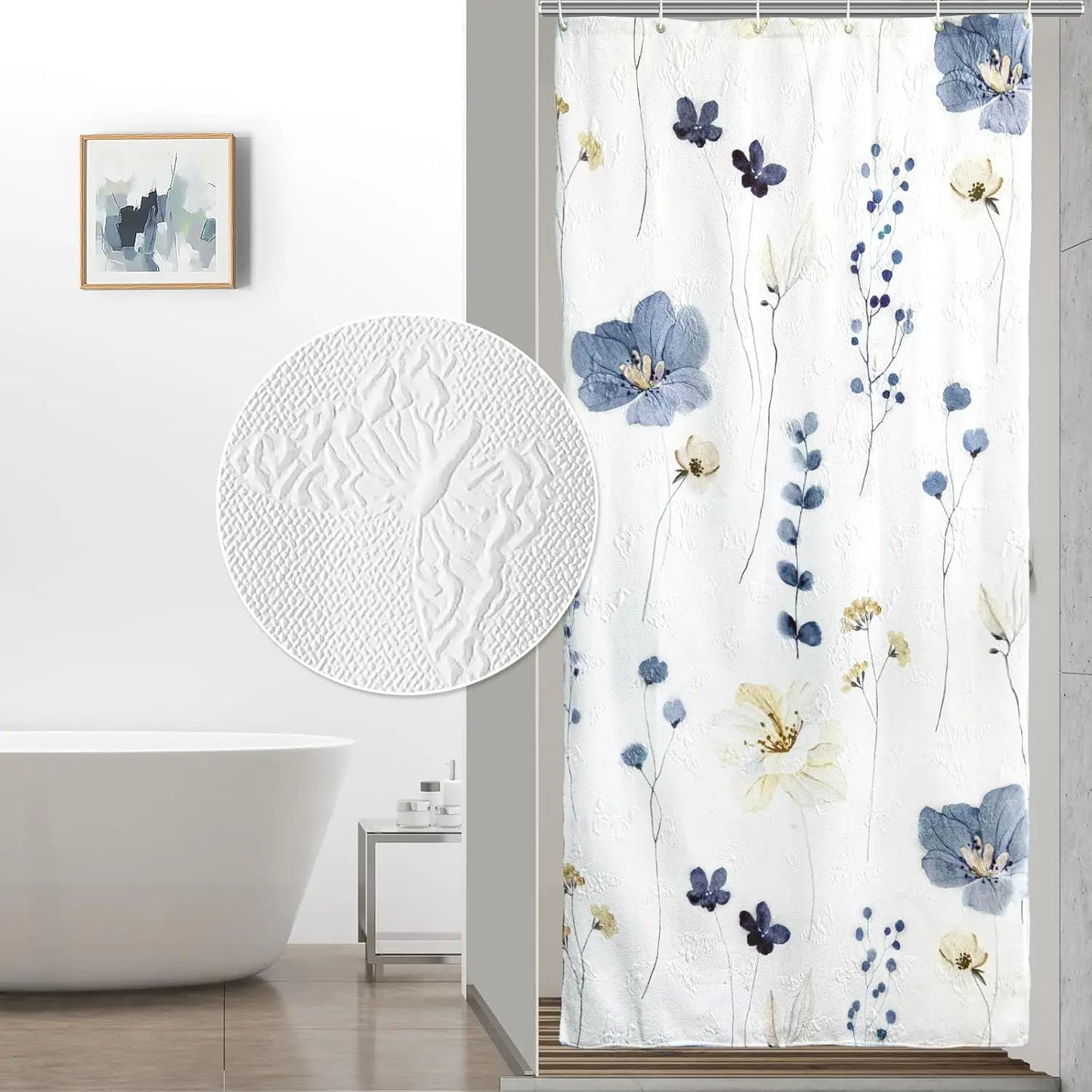Watercolor Floral Shower Curtain, 3D Embossed Butterflies Blue Yellow Flower Bathroom Curtain