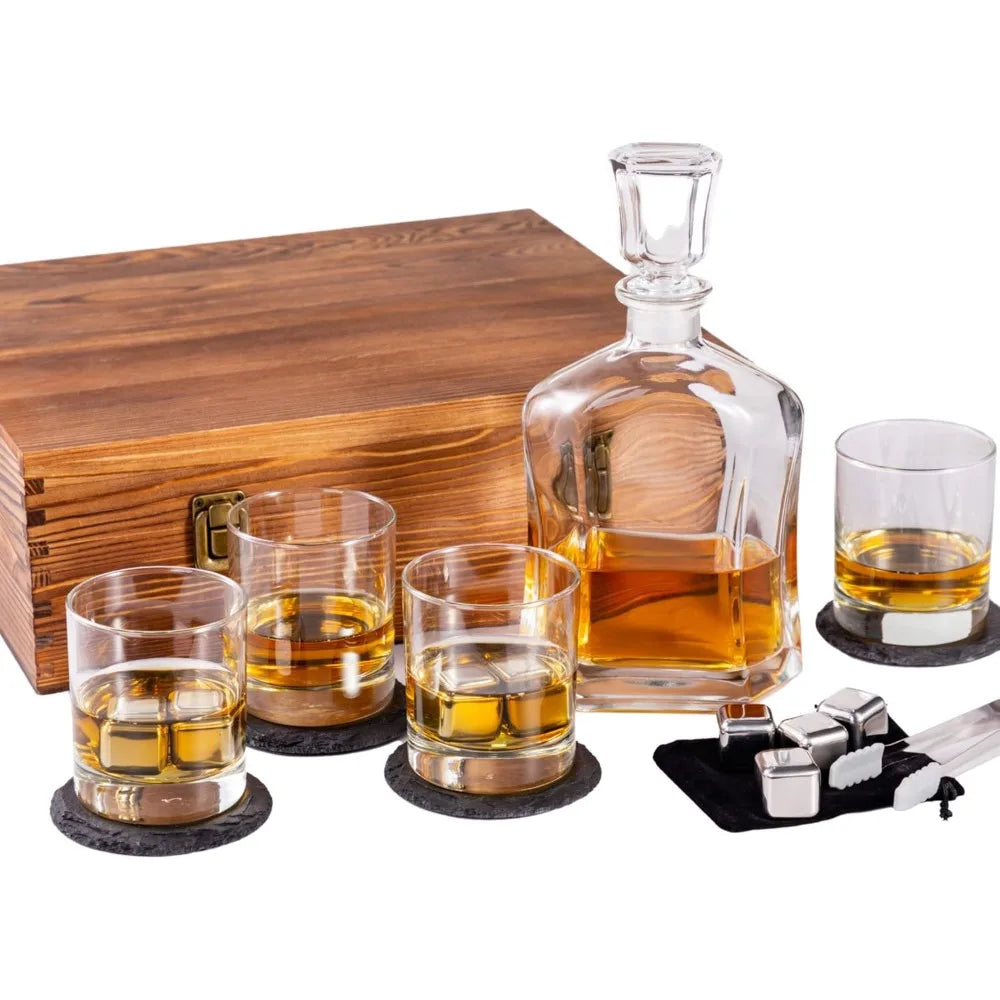 Whiskey Decanter Bar Set - Wooden Gift Box wChilling Stones, Glasses & Coasters
