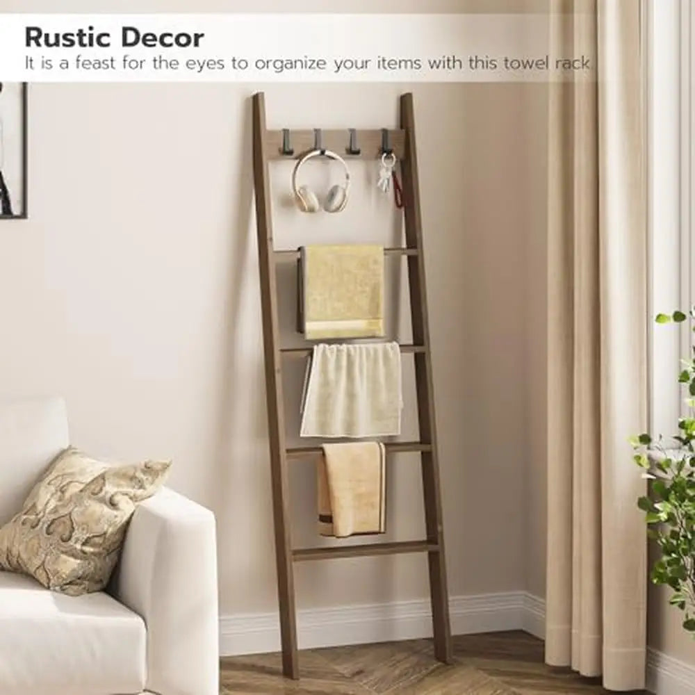 Decorative Ladder - Towel/Blanket/Throw Display - 5 Tier - 4 Hooks - Bedroom Collection