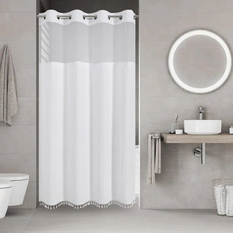 Shower Curtain - No Hooks - Snap In Liner - Boho Tassel - Bathroom Collection