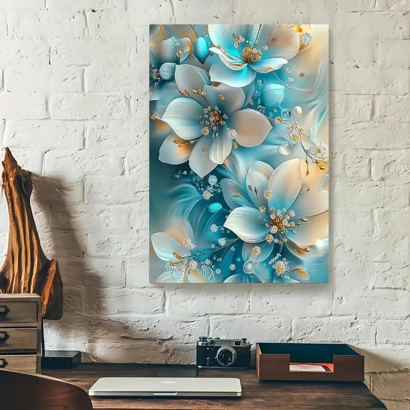 Wall Art - Canvas Oil Painting - 12"x16" - Serene Blue & White Florals - Gold Accents - Bathroom Collection