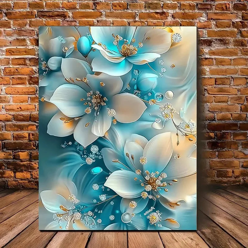 Wall Art - Canvas Oil Painting - 12"x16" - Serene Blue & White Florals - Gold Accents - Bathroom Collection