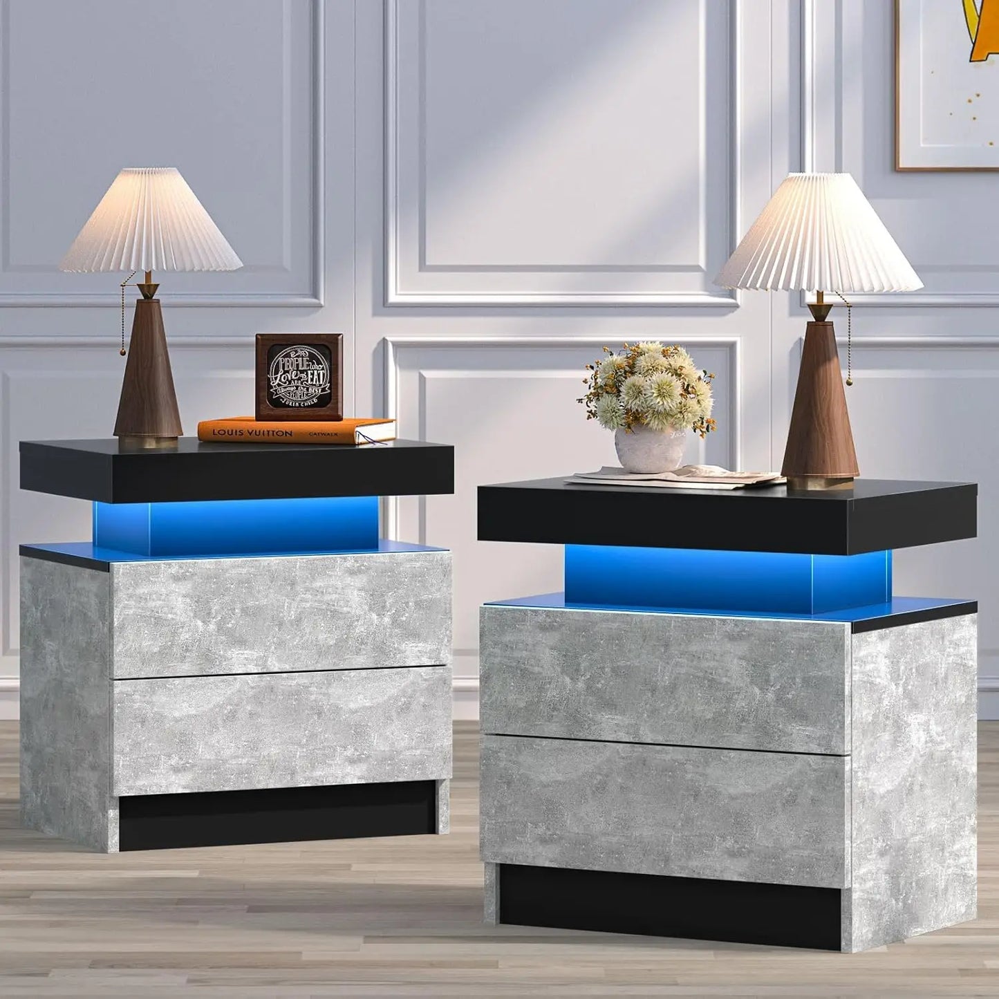 Nightstand Set *2Pcs - End Tables - LED Lights - 2 Drawers