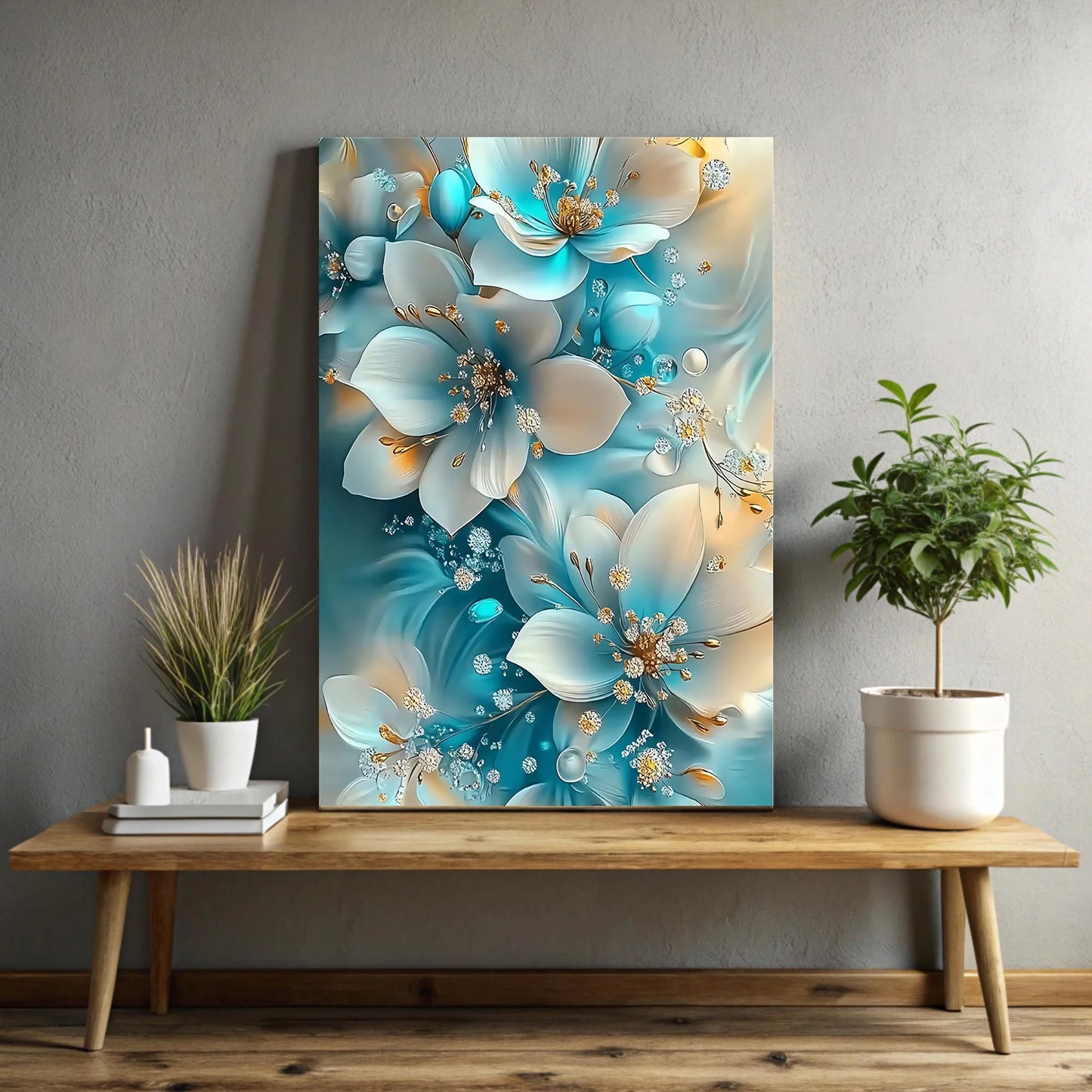 Wall Art - Canvas Oil Painting - 12"x16" - Serene Blue & White Florals - Gold Accents - Bathroom Collection