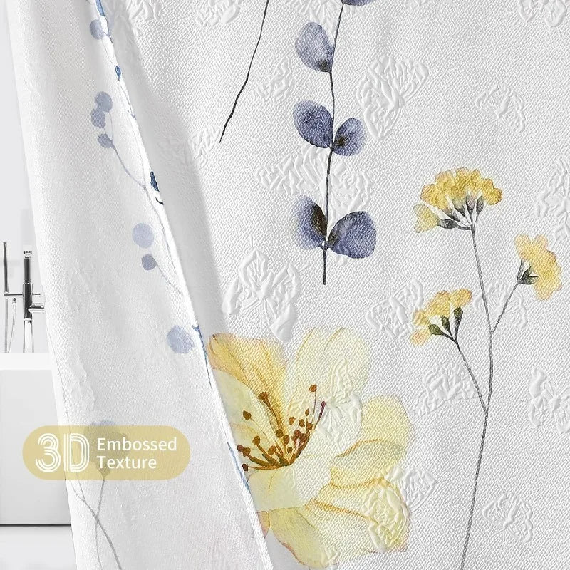 Watercolor Floral Shower Curtain, 3D Embossed Butterflies Blue Yellow Flower Bathroom Curtain