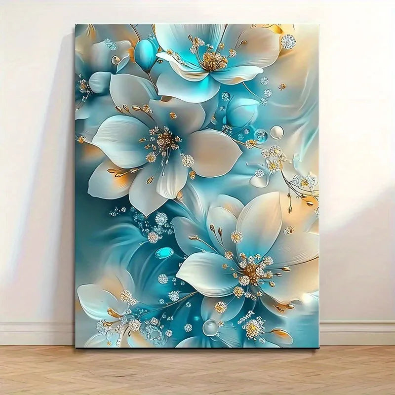 Wall Art - Canvas Oil Painting - 12"x16" - Serene Blue & White Florals - Gold Accents - Bathroom Collection