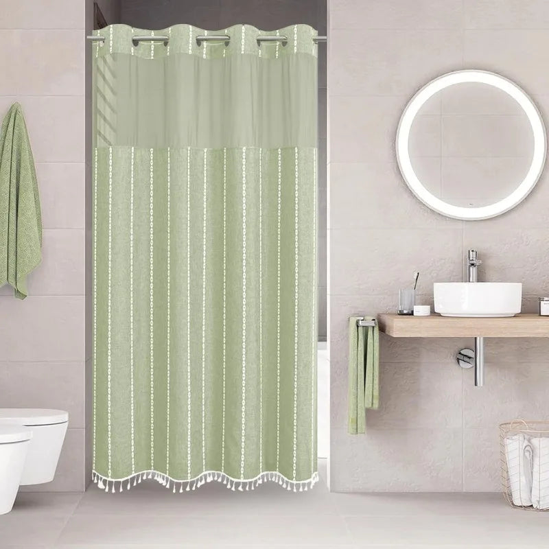 Shower Curtain - No Hooks - Snap In Liner - Boho Tassel - Bathroom Collection