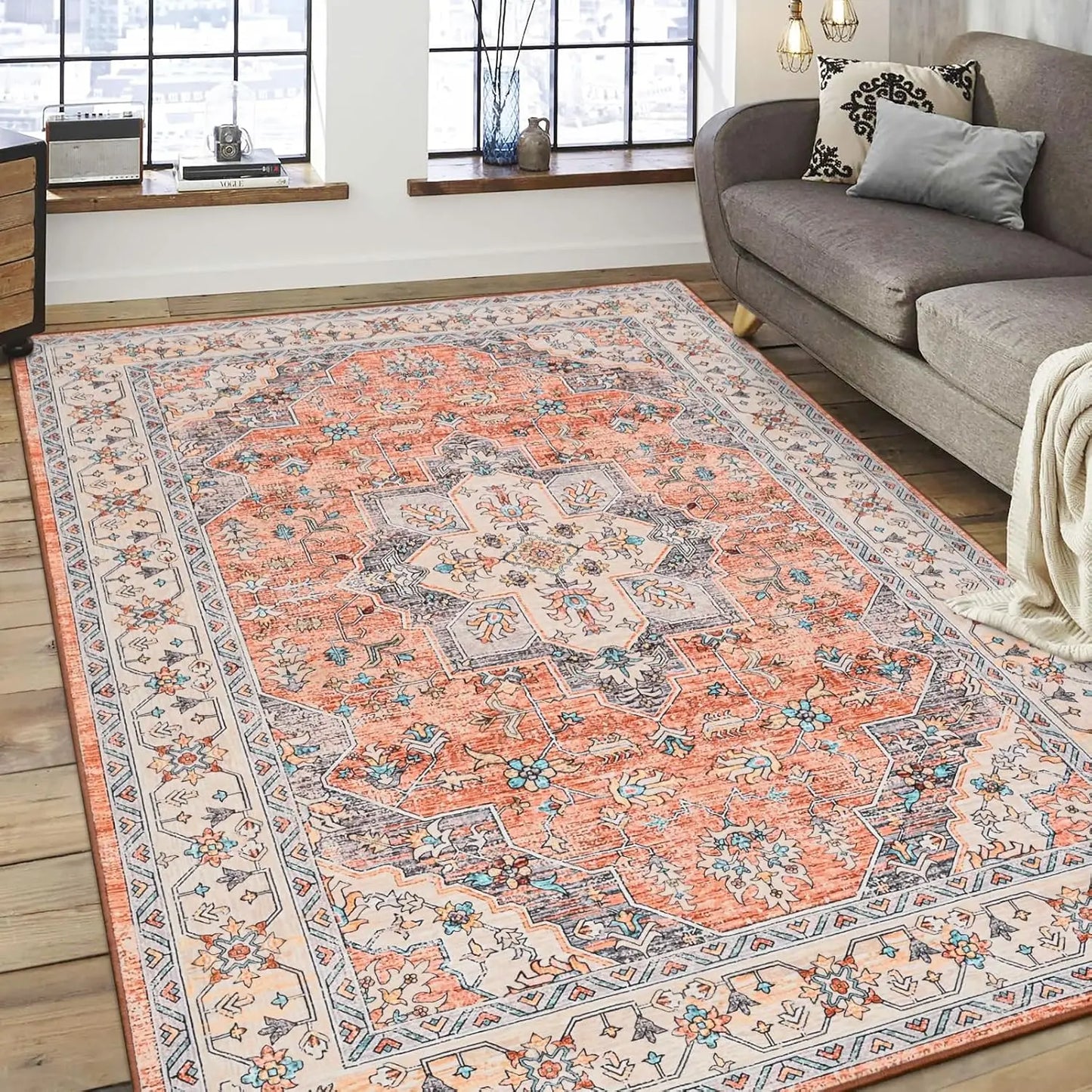 Rugs - Vintage Area Rugs - 5x8' - Floral Medallion - Machine Wash - Bedroom Collection
