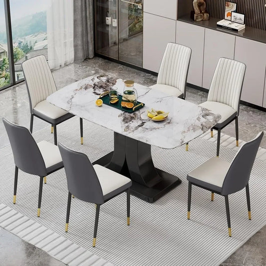 Diningroom Table Set *7Pcs - 6 PU Leather Seats - 1 Imitation Marble Table Top