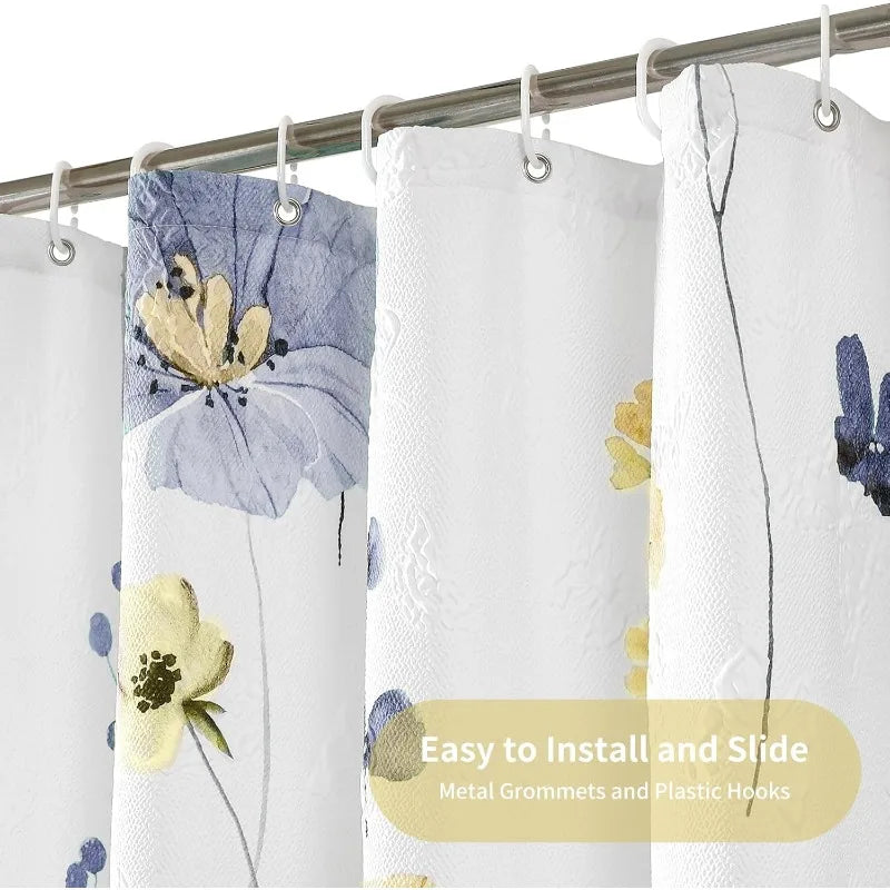 Watercolor Floral Shower Curtain, 3D Embossed Butterflies Blue Yellow Flower Bathroom Curtain