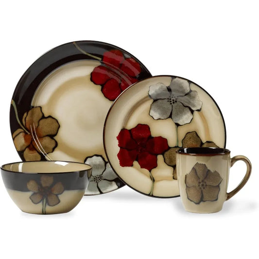 Dinnerware Set *16 Pcs - Stoneware Service for 4 - Painted Poppies - Diningroom Collection