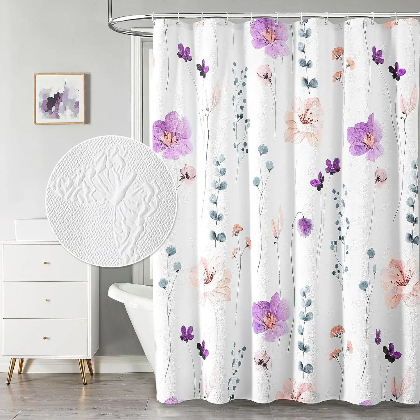 Watercolor Floral Shower Curtain, 3D Embossed Butterflies Blue Yellow Flower Bathroom Curtain