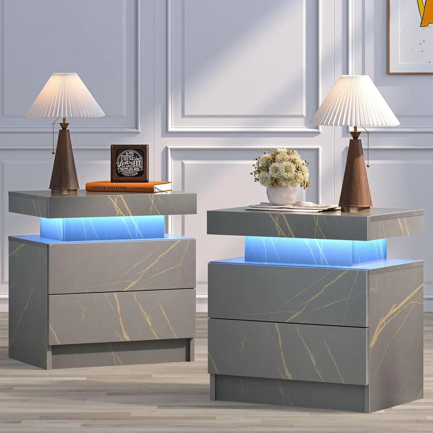 Nightstand Set *2Pcs - End Tables - LED Lights - 2 Drawers