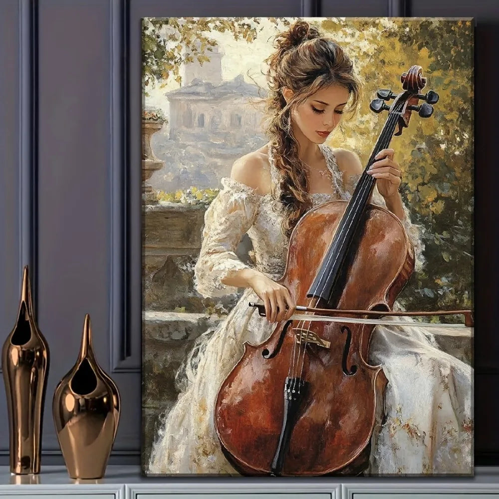 Wall Art Oil Painting - Canvas Framed - Elegant Cellist - Bedroom Collection