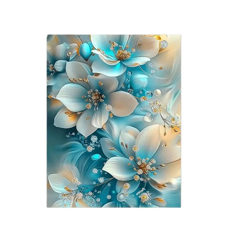 Wall Art - Canvas Oil Painting - 12"x16" - Serene Blue & White Florals - Gold Accents - Bathroom Collection