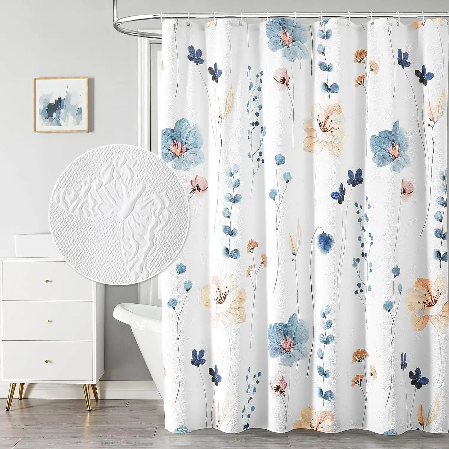 Watercolor Floral Shower Curtain, 3D Embossed Butterflies Blue Yellow Flower Bathroom Curtain