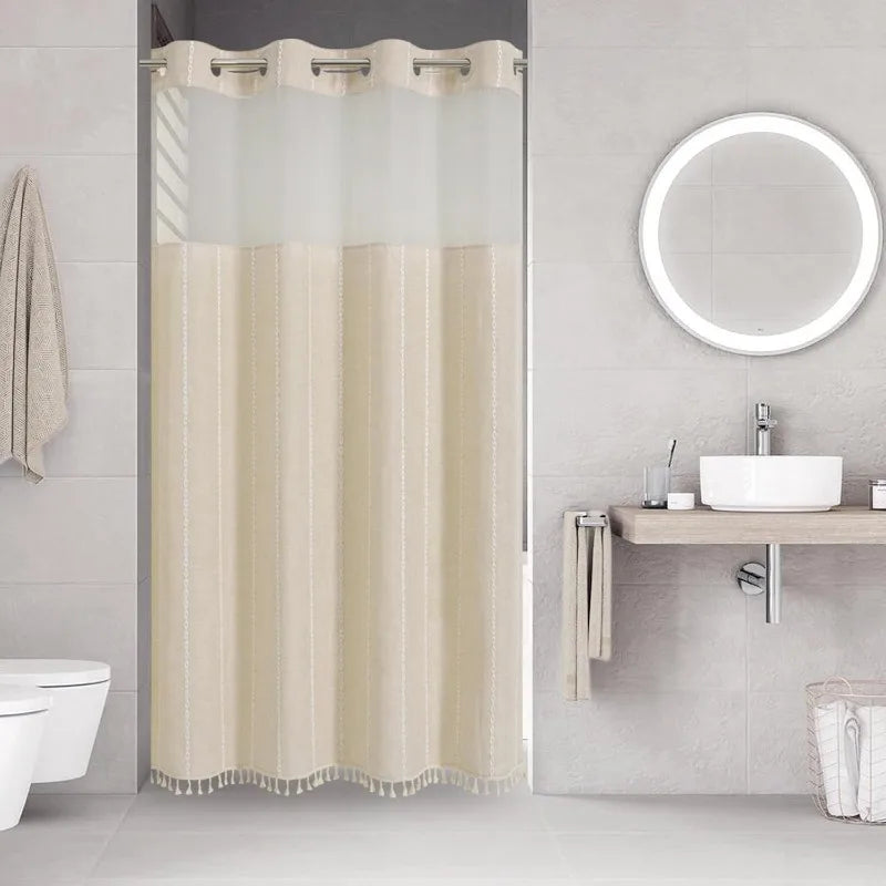 Shower Curtain - No Hooks - Snap In Liner - Boho Tassel - Bathroom Collection