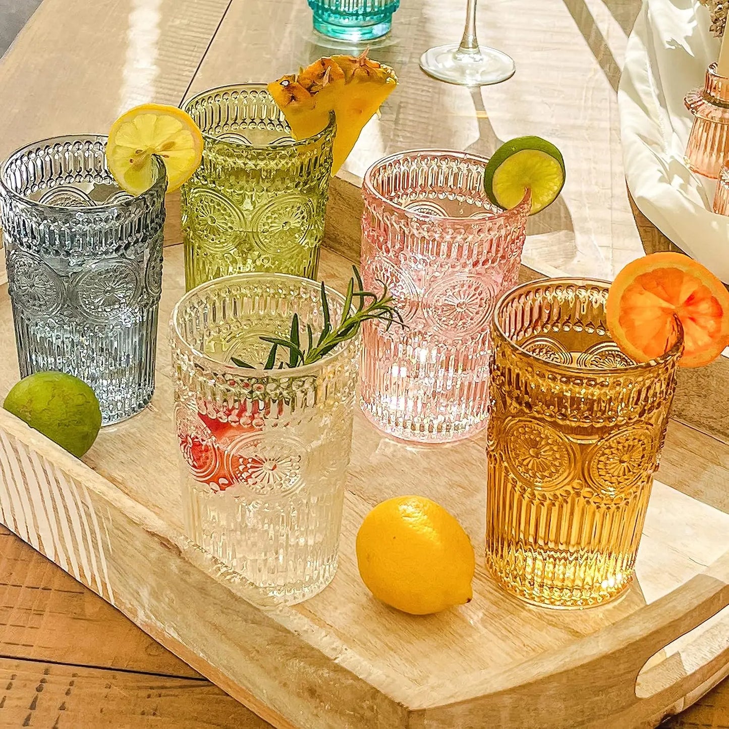 Glassware Set *6Pcs - 13 Ozs - Vintage Sage Green Ribbed Design - Kitchen Collection
